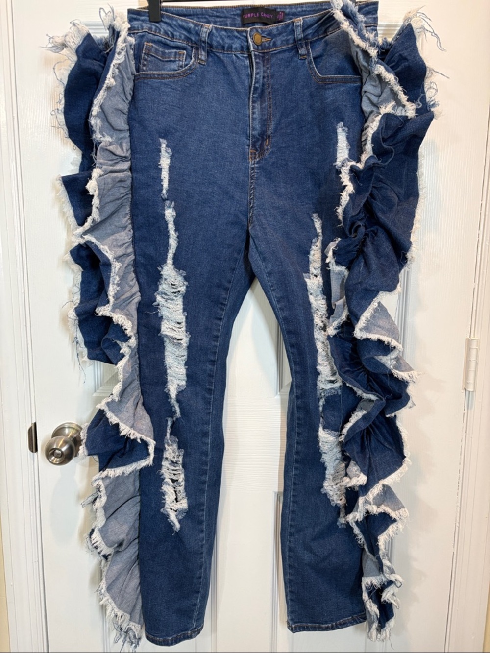 Purple Candy Dark Blue Ruffle-Side Distressed Skinny Jeans women’s size XL 29